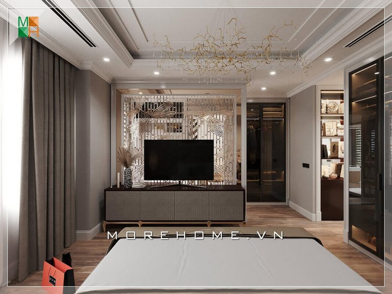 Những thiết kế phòng ngủ mở hiện đại cho chung cư đã tạo nên ấn tượng sâu sắc. Vách ngăn kim loại hiện đại được đặt sau kệ tivi lạ mắt và độc đáo, tạo nên vẻ sang trọng cho căn phòng ngủ.